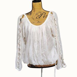 Free People FP One White Boho Peasant Blouse Cutout Lace Trim Cotton Top Women S